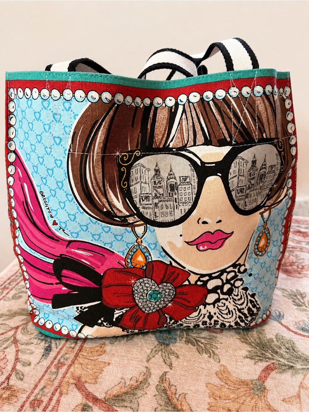 Brighton Women’s Canvas Tote in Blue, Pink, Red and Black